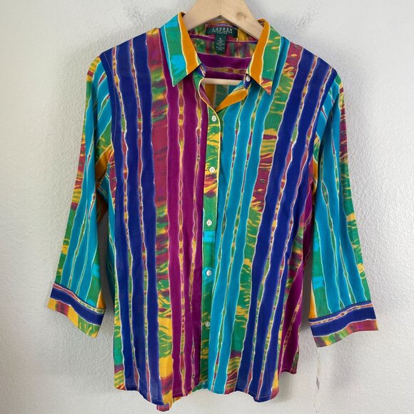 NEW Lauren Ralph Lauren Petite Large Striped Shirt Colorful Multicolor Blouse - Picture 7 of 10